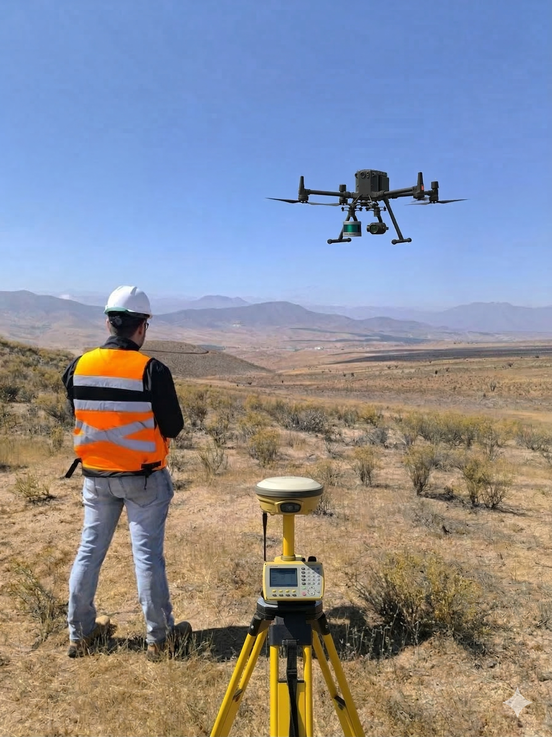 Profesional de Santa Leonor con equipo topográfico y dron en terreno